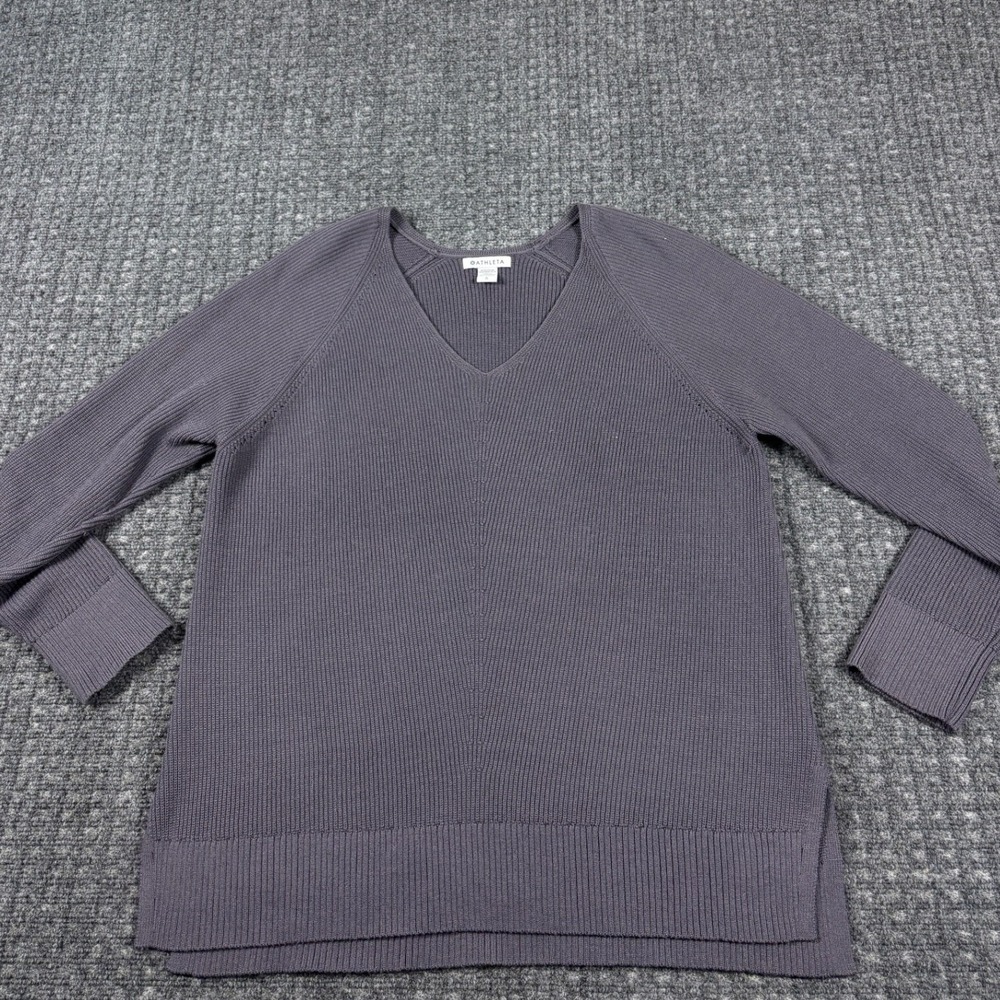 Athleta Hanover V-Neck Sweater Ribbed Merino Wool Blend Large Purple Gray